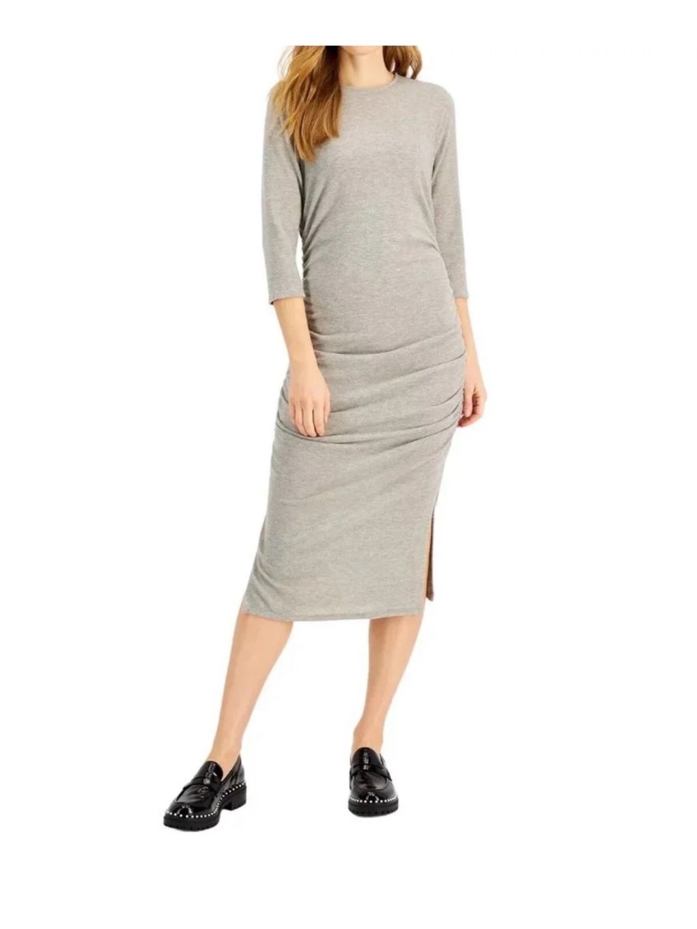 INC International Concepts Heather Gray Midi Dress with Side Ruching